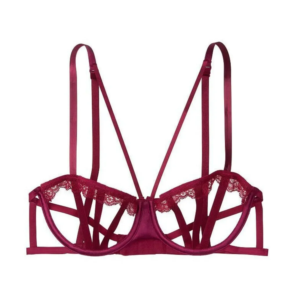 Victoria's Secret Very Sexy Strappy Underwire Balconet Bra‎ Burgundy Sz 32DD NWT